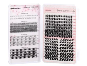 Detailed set of DIY cluster lashes including Bottom, Volume Fan, Spike and 20D clusters
