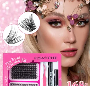 Detail of 168-piece DIY lash extension kit with pink tweezers and dual-ended bond and seal glue