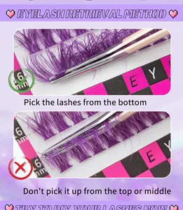 Instructional macro view of 16mm purple cluster lashes with pink application tweezers