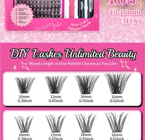 Detailed lash size chart showing 10mm to 16mm DIY cluster lengths and eyelash density