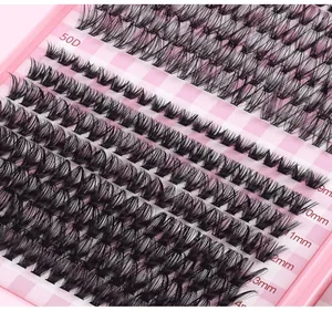 Detail of 50D high density DIY cluster lashes showing lengths 9mm to 13mm in pink case