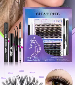Macro shot of D-curl lash clusters and professional DIY lash extension tools set