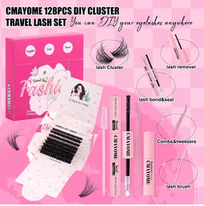 Kit de faux cils DIY 128 pièces avec pince et colle dans une boîte rose compacte