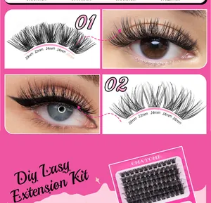 Detail view of DIY cluster lash extensions kit in lengths 10mm to 16mm on pink tray