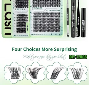 Detailed DIY eyelash extension kit with D-curl clusters, bond, seal, and remover