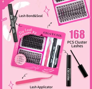 DIY eyelash extension kit with 168 clusters, pink tweezers, bond and seal, and remover