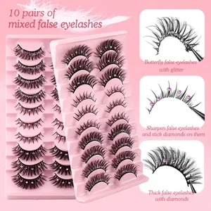 10-pair set of natural thick false eyelashes with rhinestones and pink display tray