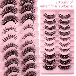 10 pairs of mixed false eyelashes with rhinestones and glitter for natural curly volume