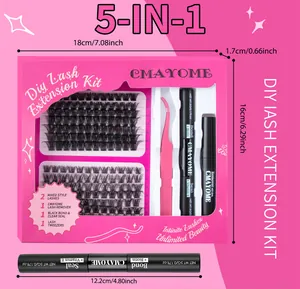 DIY eyelash extension kit with lashes, pink tweezers, bond and seal, and remover