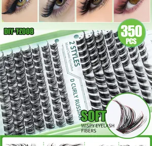 Detailed view of 350 piece DIY cluster lash set with D curl mixed Russian volume style