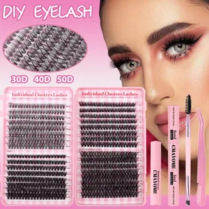 DIY Segmented Eyelash Extension Kit Individual Lash Clusters 30D 40D 50D Density With Bond And Seal Remover Pink Tweezers Brush Set