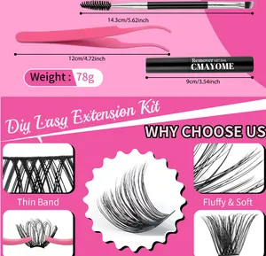 Detail of DIY eyelash kit including pink tweezers, dual brush, and thin band lashes