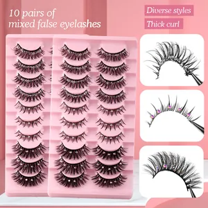 10 pairs of mixed false eyelashes with rhinestones and glitter in a dense curly style