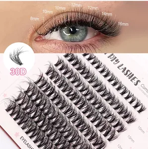 Detail view of 30D cluster lashes set with lengths from 8mm to 16mm on model eyes