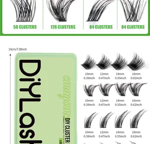 Size chart showing DIY lash cluster lengths from 10mm to 16mm in a green storage box