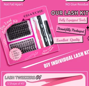 DIY eyelash extension kit with 2-row lashes, adhesive, remover and pink 45-degree tweezers