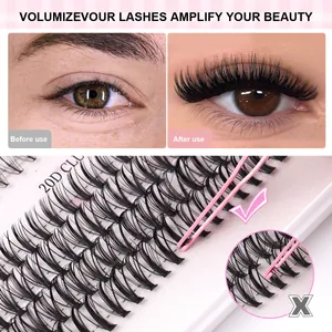 20D cluster eyelashes set with pink tweezers for volumized lash extension look