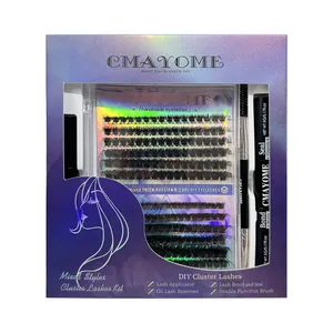 DIY Cluster Lashes Kit with D-curl lashes, metal tweezers, bond, seal, and remover