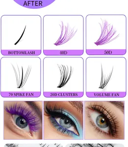 Macro view of multi-style false lashes featuring 20D, 40D clusters and purple volume fans
