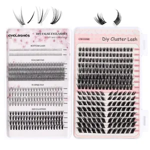 Professional DIY eyelash extension kit with various cluster lashes and volume fans