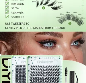 Detail of DIY lash extension kit with 350 clusters, glue, tweezers and mascara brush