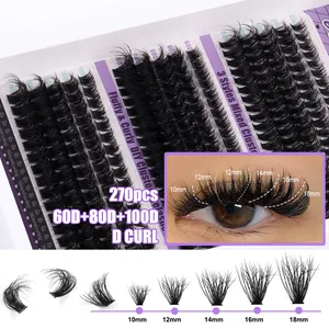 DIY cluster lashes set 270pcs D curl 60D 80D 100D thick fluffy false eyelashes 10-18mm