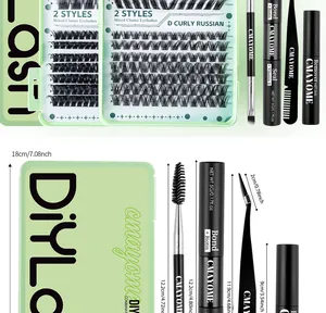 Detailed lash kit including D-curl clusters, bond and seal, remover, and precise tools