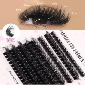 Macro view of 80D DIY cluster lashes showing lengths from 8mm to 16mm on a pink star card