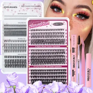 DIY Eyelash Extension Kit Variety Pack Cluster Lashes Mixed Lengths Purple Black Fiber With Bond Seal Remover Tweezer Tool Set For Women Makeup