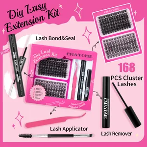 All-in-one DIY lash extension kit with black clusters and pink tools in professional gift box