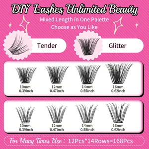 DIY cluster lash extension kit with 168 pieces mixed lengths 10-16mm in a pink palette