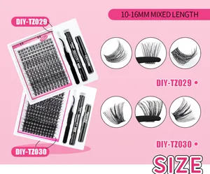 Detailed DIY cluster eyelash kit with 10-16mm mixed lengths, tweezers, bond, and remover