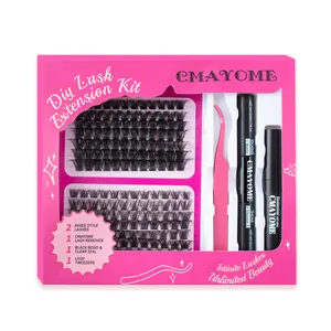 DIY eyelash extension kit with lashes, glue, remover, and tweezers in a pink gift box
