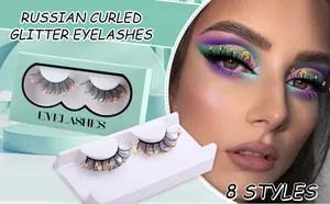 Falsche russische Wimpern mit farbigem Glitter und minzgrüner Verpackung