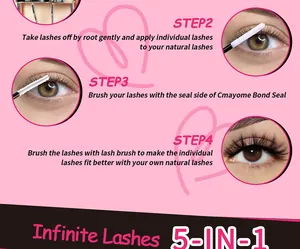 Three-step guide for DIY individual lashes kit showing application, bond seal, and brush