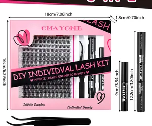 DIY cluster eyelash extension kit with glue, tweezers, and remover in pink box