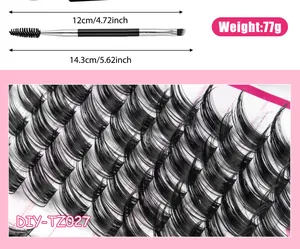 Detail view of DIY segment eyelashes with dimensions and a dual-ended lash brush tool