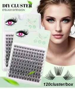 Detail view of 120 cluster eyelash extensions in black with model eye close-up
