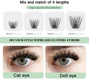 Detail of DIY individual lash clusters showing 10-16mm lengths and eye style mapping
