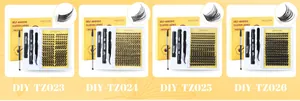 Macro shot of self-adhesive cluster lash kits with glue, brush and tweezers in yellow box