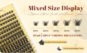 Detailed DIY cluster lashes kit showing D curl lengths from 8mm to 16mm with tweezers
