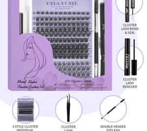 Macro detail of DIY eyelash extension kit including clusters, bond, seal and tools