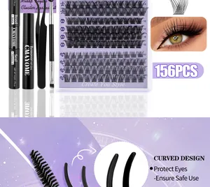 Detail view of 156pcs DIY eyelash cluster kit with bond, sealer and curved tweezers