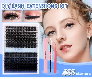 DIY eyelash extension kit with 300 clusters, pink dual-ended bond seal, and tweezers