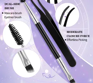 Detailed view of dual-ended lash brush and black curved tweezers for lash application