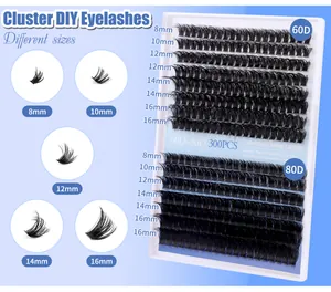 Detail view of DIY cluster eyelash set showing 60D and 80D densities from 8mm to 16mm length