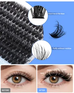 Detail of 8mm-16mm cluster lashes showing flat base, fluffy texture and eye comparison