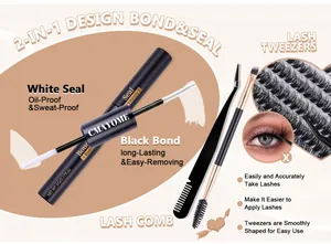 Detail view of CMAYOME lash bond and seal kit with tweezers and individual cluster lashes