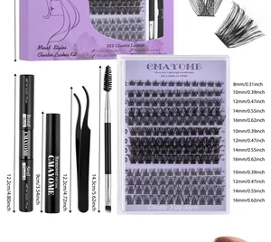 Macro shot of DIY lash cluster set with bond, seal, remover, and precision tweezers