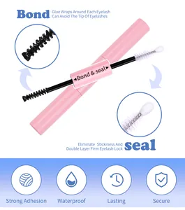 Dual-ended eyelash bond and seal adhesive wand with specialized black brush and white sponge